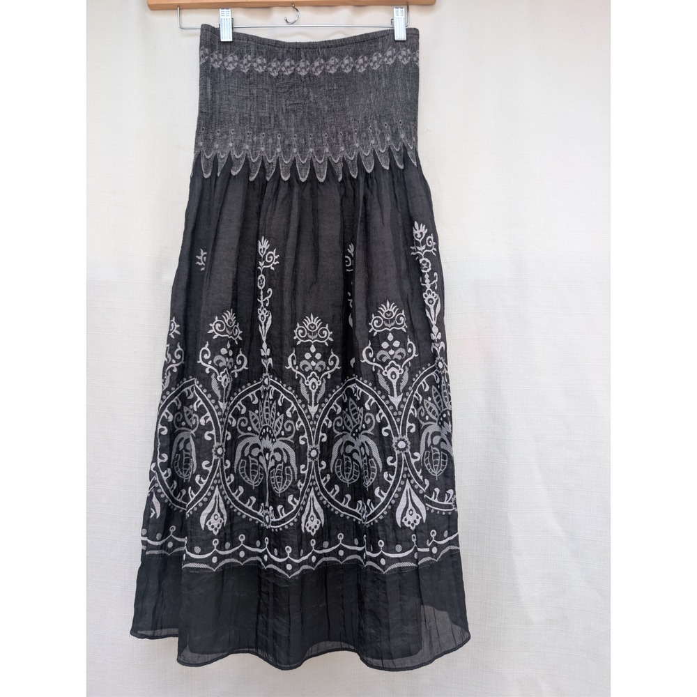 J Gee Women Charcoal Grey White Damask Print Smocked Waist Midi Skirt OS G886